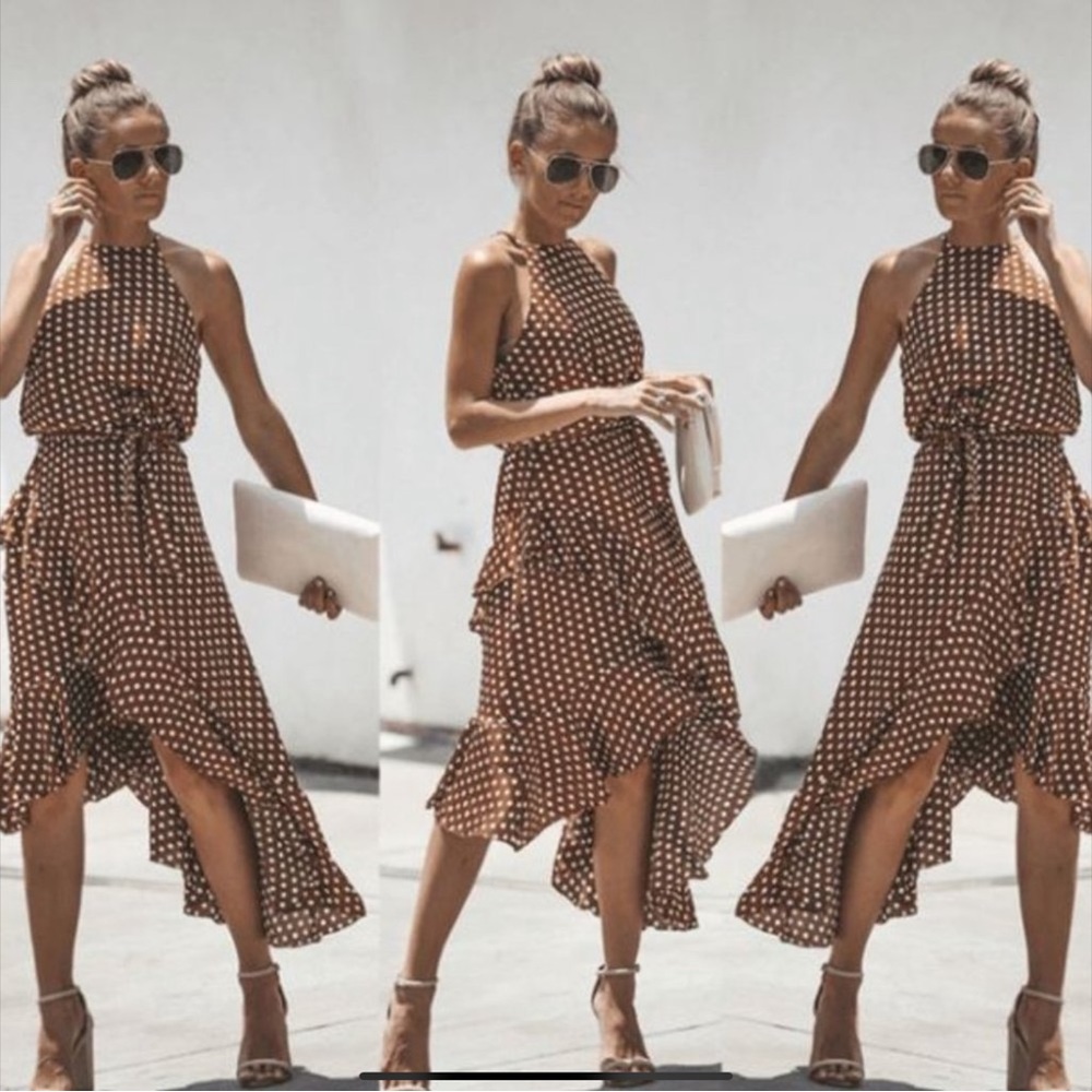 BROWN DOTTED ASYMMETRICAL SEXY DRESS - Picture 2 of 5